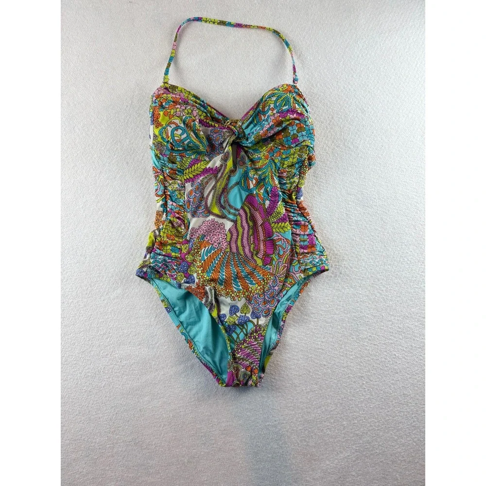 Trina Turk Womens Multicolor Psychedelic Paisley Halter One Piece Swimsuit